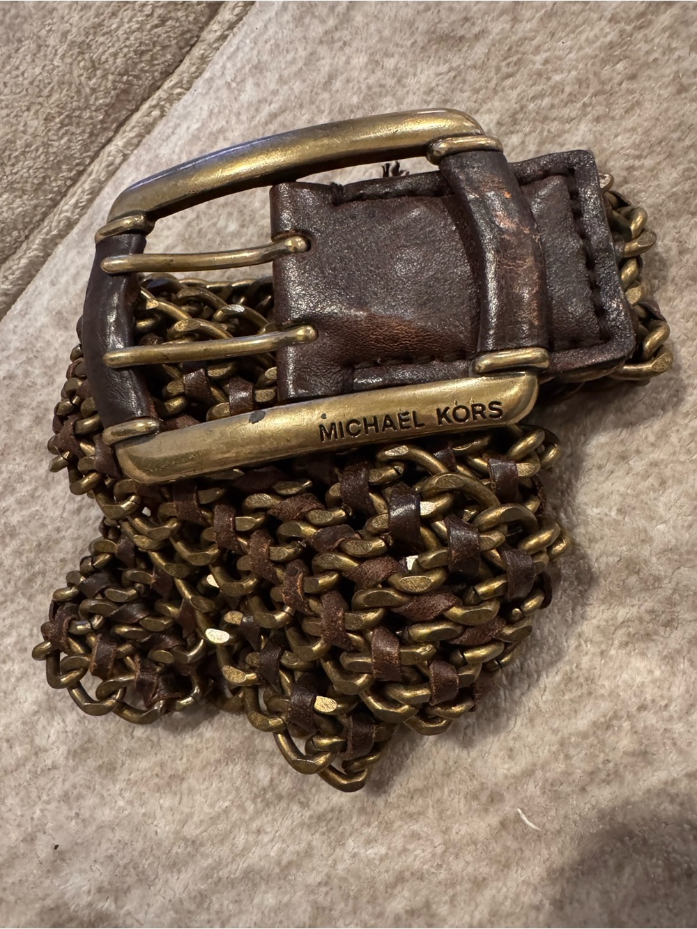 MICHAEL KORS Brown Leather woven heavy brass gold double-prong buckle size small